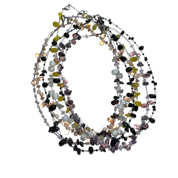 Choker Necklace Lot of 7 Floating Stones Beaded Chip Cord Double Strand 18" - Picture 7 of 16